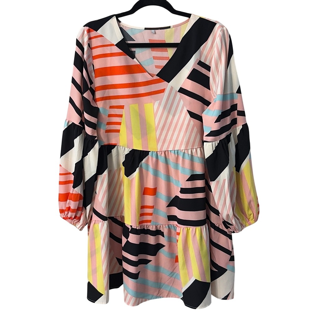 Geometric Abstract Print V-Neck Tiered Babydoll Mini Dress Multi-Color Large